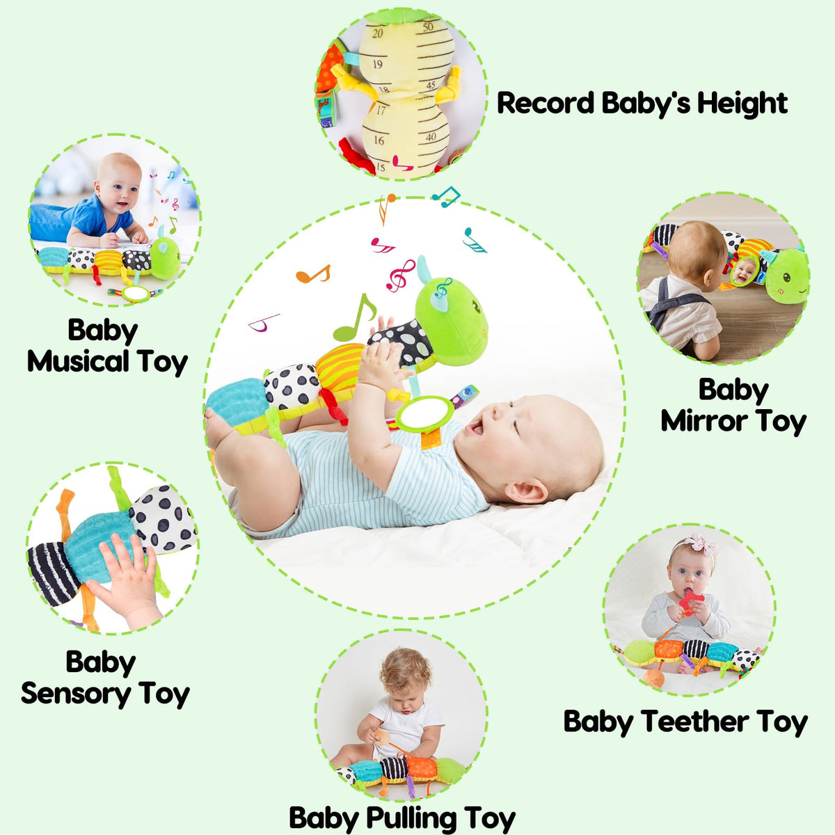 Baby Toys 0-6 Months Musical Stuffed Caterpillar Newborn Tummy Time Toys | Sensory Toys with Mirror Crinkle Rattle for Infants 0-3 3-6 2 3 4 5 6-12 Months Old Babies Boy Girl Shower Gifts Essentials