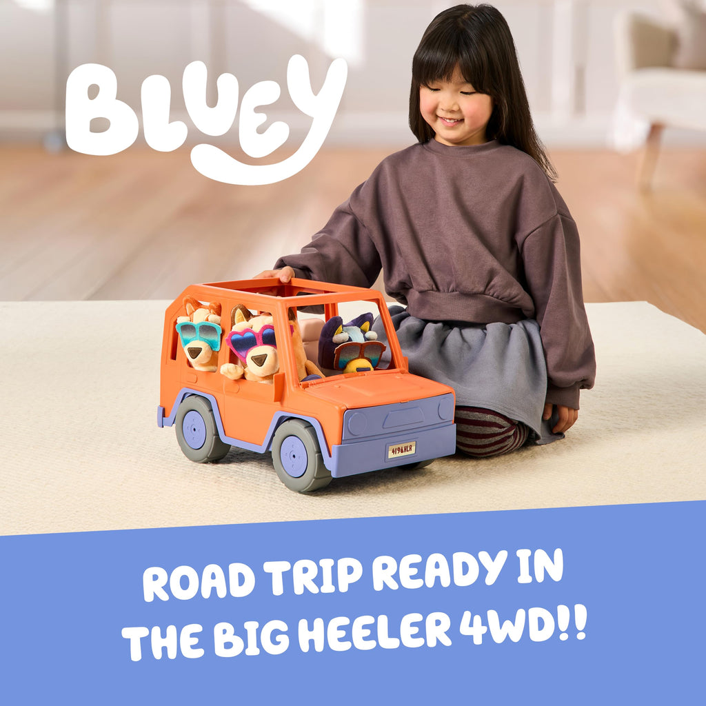 Bluey Big Heeler 4WD Toy Car, Bingo & Chilli Plush Buddies | Mega-sized car with opening hood storage & sticker sheet; Bluey toys for kids ages 3+, Amazon Exclusive
