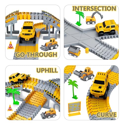 Kids Toys 253 PCS Construction Race Tracks, Create A Engineering Road Game | 5 PCS Construction Truck Cars, DIY Flexible Track Play Set, Birthday Xmas Gifts Toy for 3 4 5 6 7 8 Year Old Boys Girls