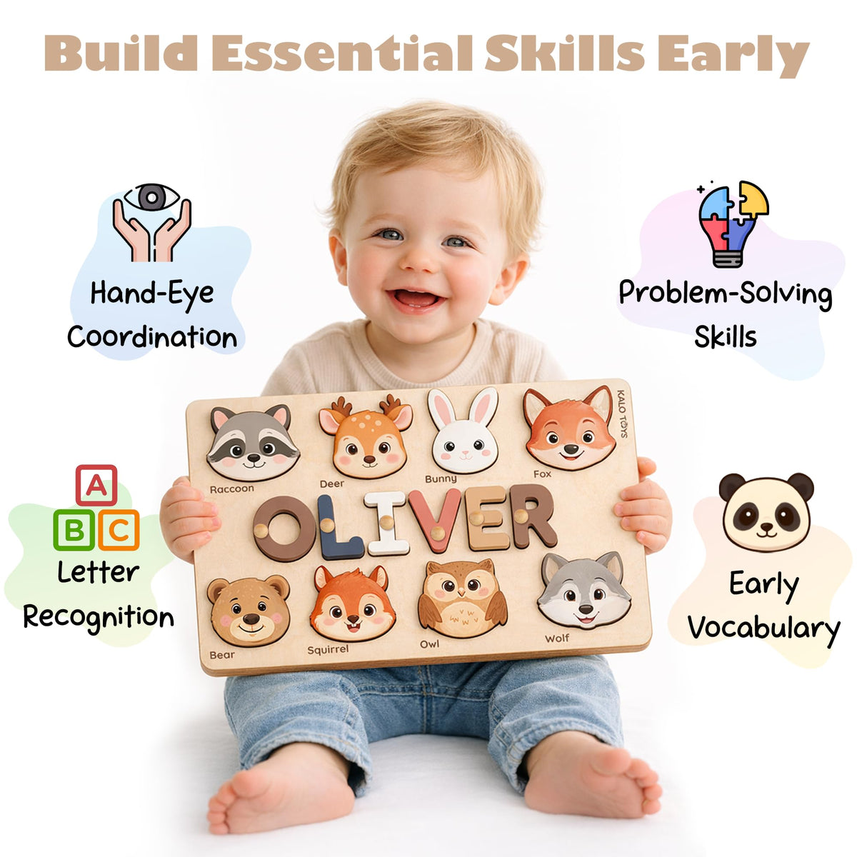 Personalized Name Puzzle for Toddlers 1-3 | Custom Wooden Baby Girl Gift with 48 Animal Art Sets | 1st Birthday Gift for Girls | Personalized Baby Boy & Girl Gifts Keepsake
