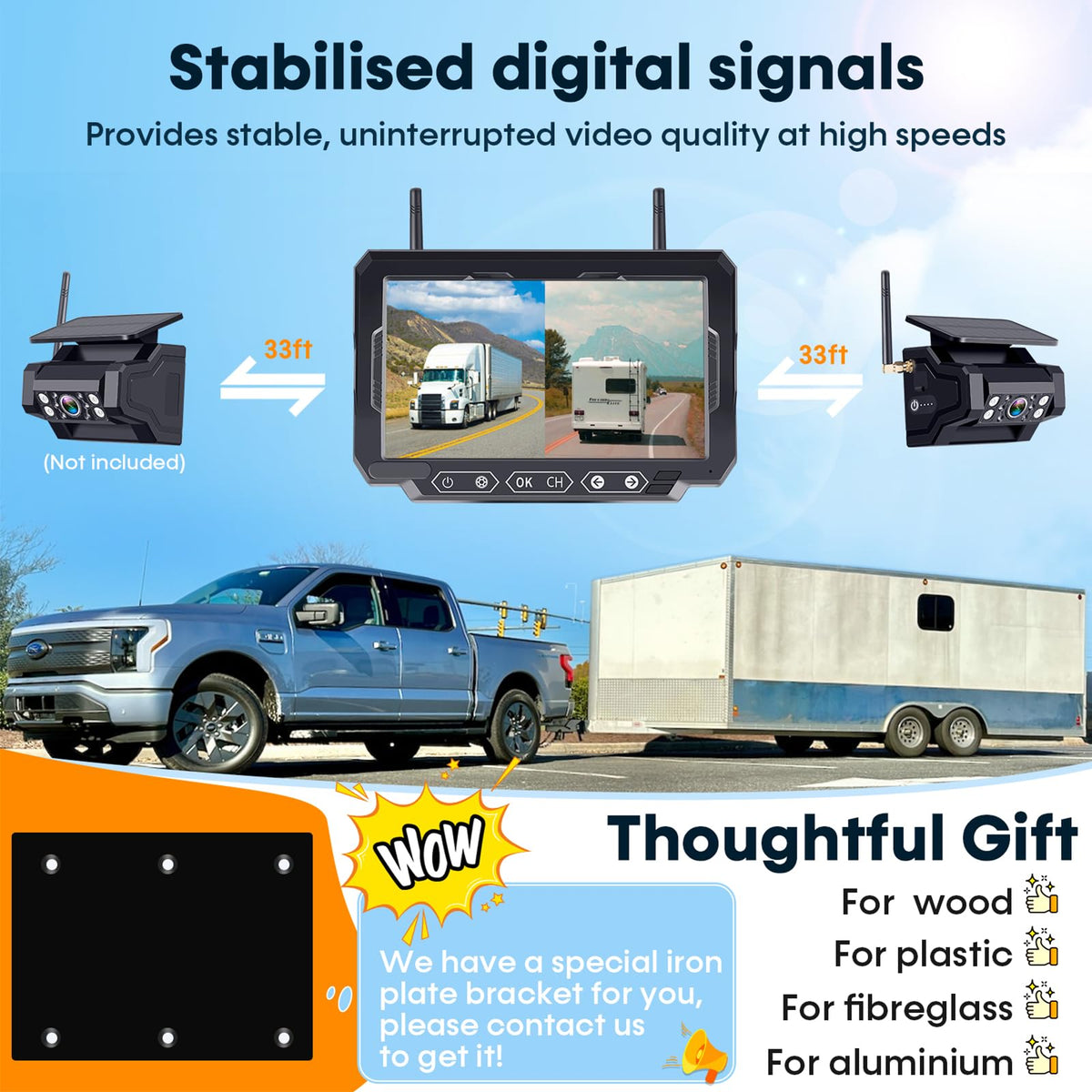1080P HD Wireless Backup Camera - 1 Minute Magnetic Easy Install No Wiring | 7" Anti-Glare Monitor, Clear Night Vision, Solar 24H Long Life, Scratch-Proof Rear View Camera for Truck, Trailer, Small RV