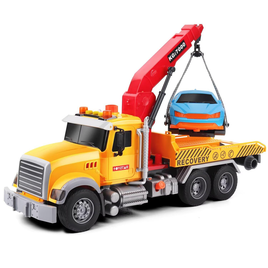 Dwi Dowellin Kids Toys for 3 4 5 6 7 Years Old Boys, 15" Large Tow Truck Toy,Friction Powered Transport Truck Crane Toy with Lights and Sounds,with Roadster,Boys Gifts
