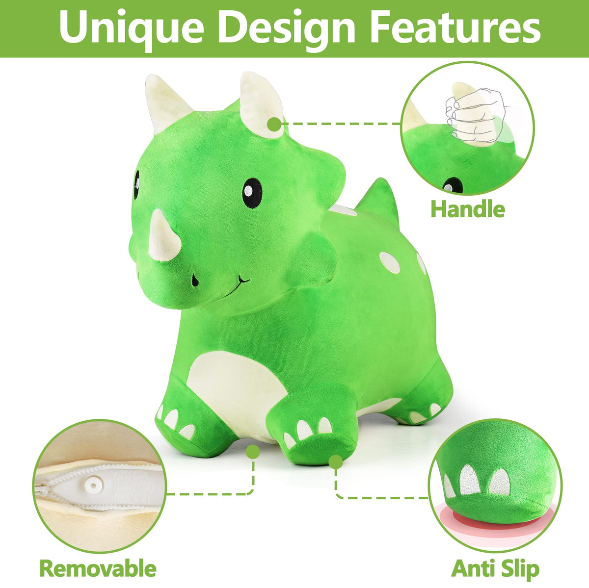 Bouncy Pals Toddler Dinosaur Hopper Toy, Kids Outdoor Ride on Bounce Animal | Outside Inflatable Riding Plush Triceratops Bouncing Horse Hopping Toy, Cool Birthday Gifts Age 2 3 4 5 6 Year Old Boy Girl
