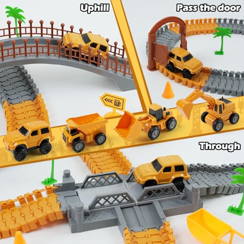 TGJH Construction Race Car Track Set for Kids - Flexible Engineering Toys with 2 Electric Cars, Birthday Gift for 3 4 5 6 7 Year Old Boys, DIY Road Games Playset with 220+ PCS