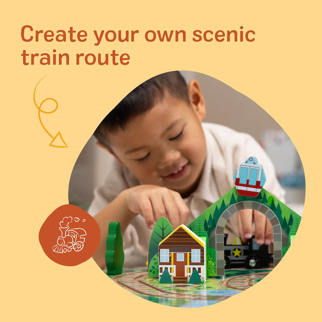 Melissa & Doug Take-Along Railroad Wooden Tabletop Play Set | 17 Pieces, Portable Playset, Railroad Pretend Play, 3 Trains, 1 Truck, Animals, Preschool Learning Toys for Kids, Ages 3+