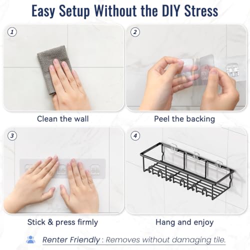 5 Pack Adhesive Bathroom Holders & Dispensers for Kids & Adults, Black | Large Capacity No-Drilling Rustproof Shower Caddy Shelves Rack with Soap Dishes, Toothbrush Holder & Hooks