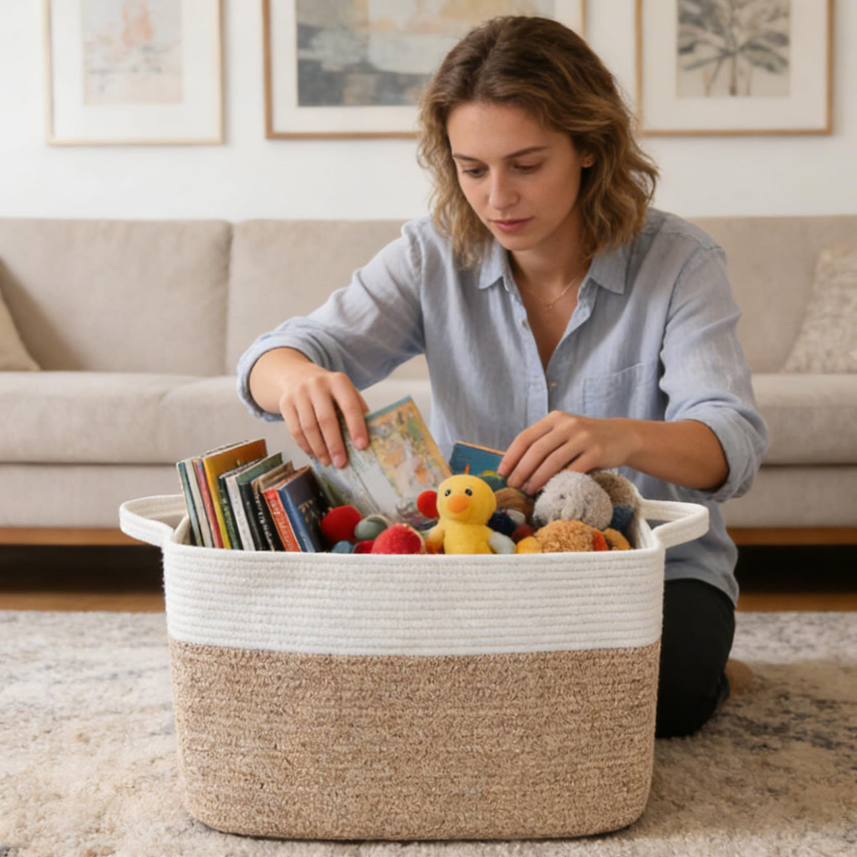 HZFTJOY 65L Laundry Basket with Handles, Woven Blanket Basket, White/Brown | 21"×16"×12" Collapsible Cotton Rope Storage Basket for Toys Clothes & Pillows, Nursery, Bathroom, Bedroom, Living Room