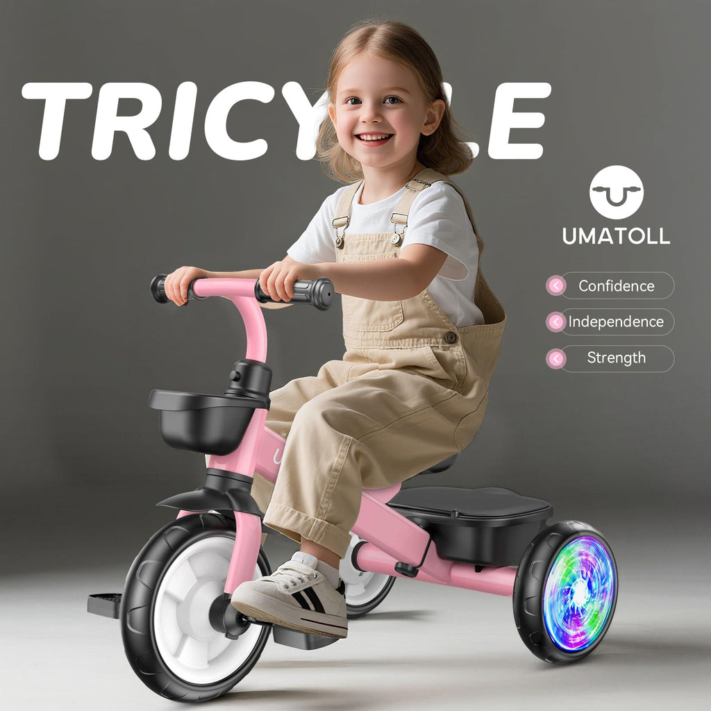 Umatoll Tricycle for 2-5 Year Old, Birthday Gift for Girl Age 2-4 | Adjustable Kids Bike Outdoor Toys, Trike with Light up Wheels