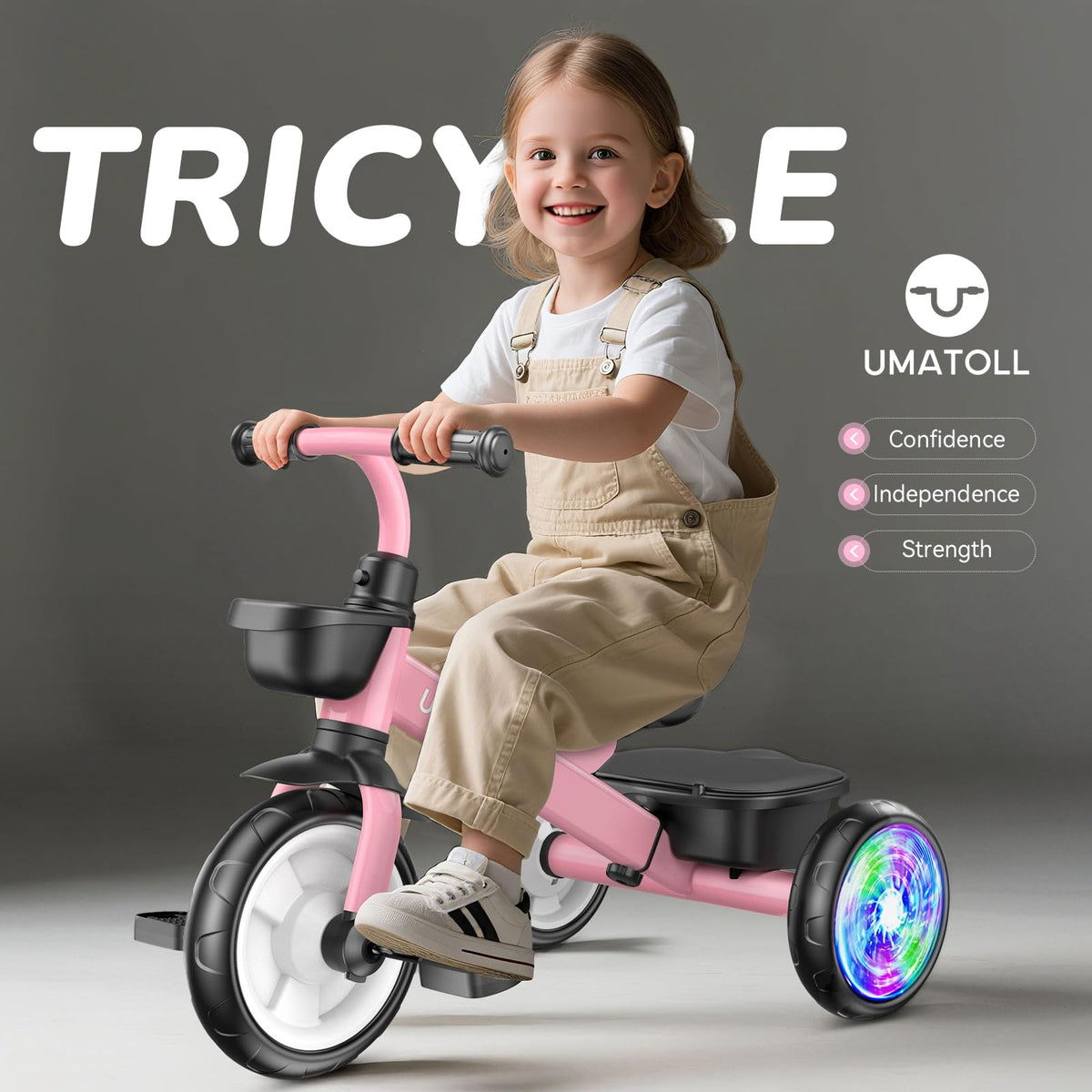Umatoll Tricycle for 2-5 Year Old, Birthday Gift for Girl Age 2-4 | Adjustable Kids Bike Outdoor Toys, Trike with Light up Wheels