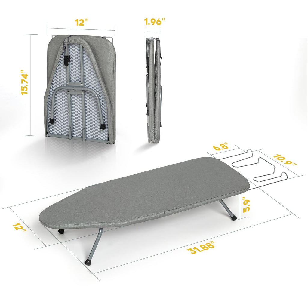 RAINHOL Gray Mini Tabletop Ironing Board 31"x12" | Metal Foldable with Iron Rest, Heat Resistant Cover for Travel Small Space