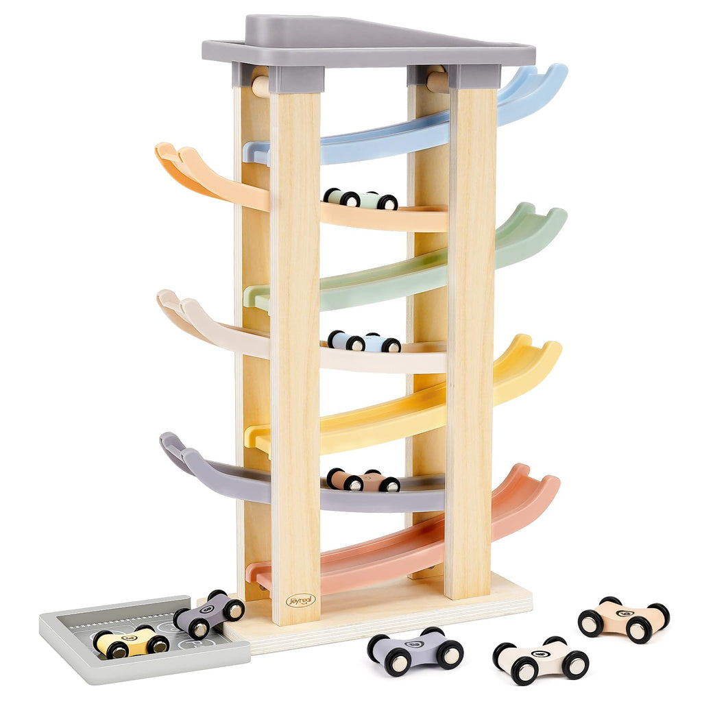 Joyreal Montessori Toddler Toys for 1 2 3 Year Old Wooden Car Ramp Toys | 7 Level Ramp Racer, 8 Mini Cars & 2 Garages, Toy Vehicle Set for Boys and Girls, Christmas Birthday Gifts for 1-2 Year Old