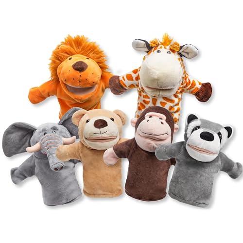 JOYIN 6Pcs Kids Hand Puppet Set with Working Mouth, Plush Toy Includes Elephant, Giraffe, Lion, Bear, Raccoon and Monkey for Show Theater, Stuffed Animals, Kids Toys for Girls & Boys