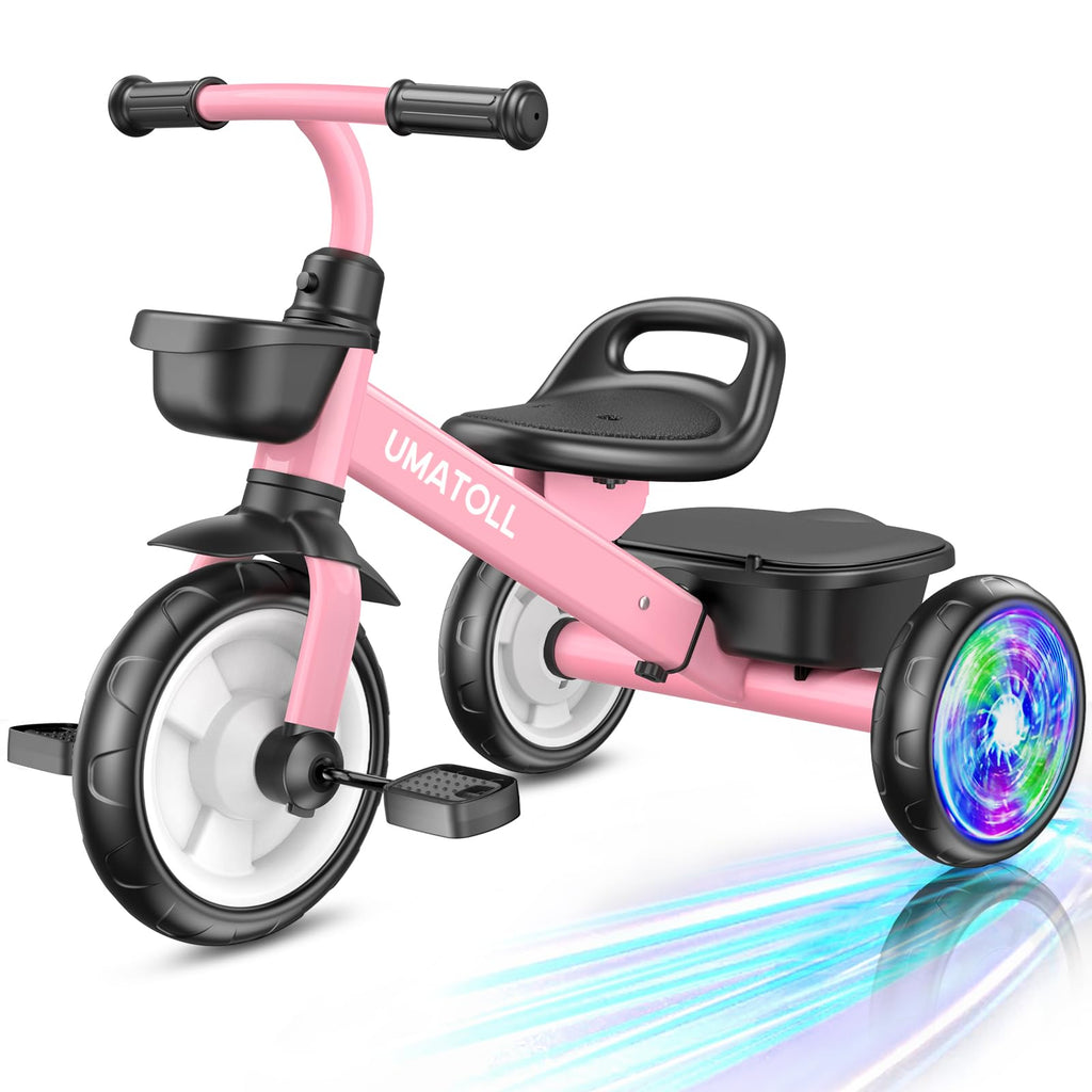 Umatoll Tricycle for 2-5 Year Old, Birthday Gift for Girl Age 2-4 | Adjustable Kids Bike Outdoor Toys, Trike with Light up Wheels