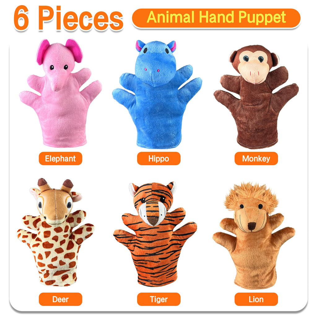 6 PCS Hand Puppets Set Animal Plush Puppet | Storytelling Teaching Toys for Kids Classroom Shows Birthday Party Favor Supplies Elephant Tiger Giraffe Monkey Lion Hippo