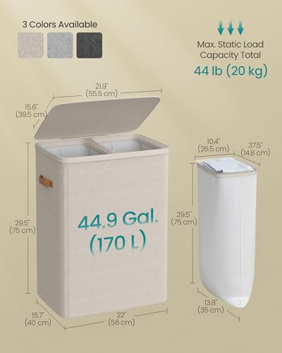 SONGMICS Laundry Basket, 170L Laundry Hamper with Lid, 2 Removable Bags | Easy Assembly Laundry Sorters, with Handles, 22.1 x 15.8 x 29.5 Inches, Cappuccino, BROSI Collection ULCB813L01