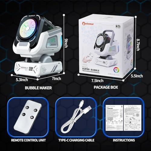 Upgraded Bubble Machine Outdoor Toys for Kids & Wedding Party | Auto Rotation,Type-C Rechargeable,Remote Control,RGB Lights