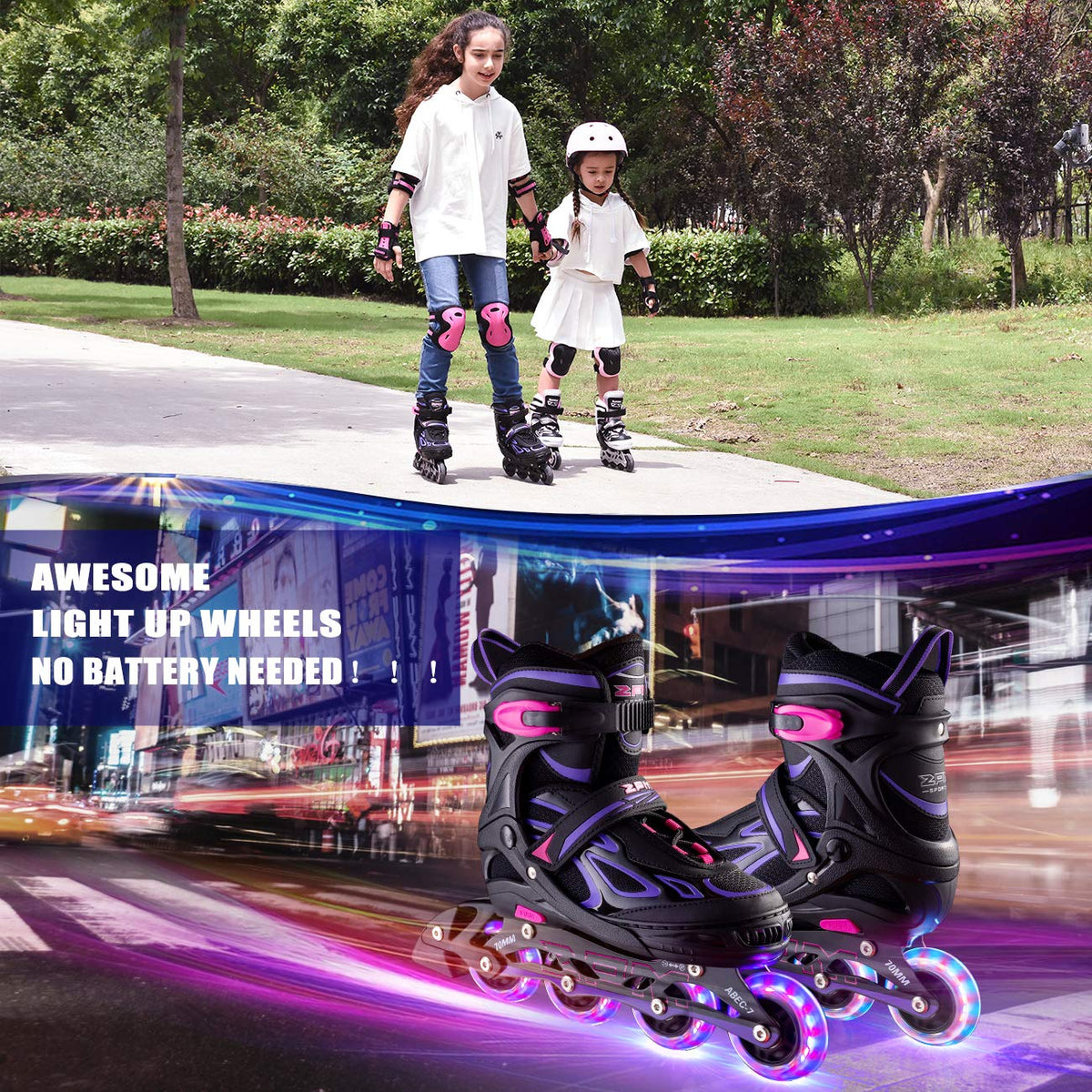 2PM SPORTS Adjustable Inline Skates for Kids, Youth and Adults | Reinforced aluminum frame; lateral support; beginner friendly; triple closure; light-up wheels; 2 non-woven bags