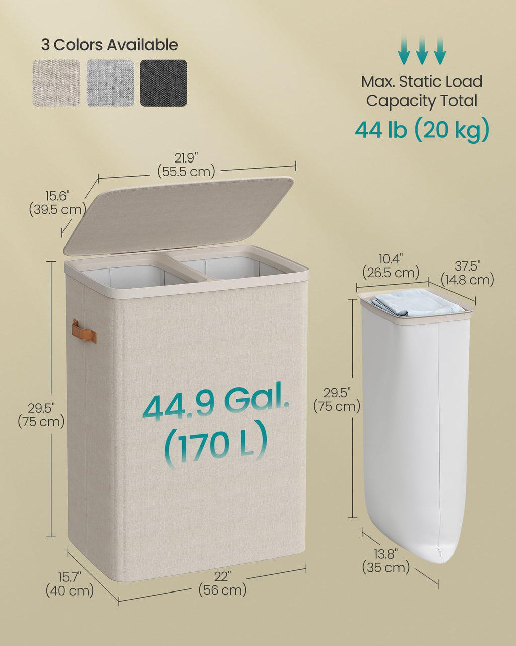 SONGMICS Laundry Basket, 170L Laundry Hamper with Lid, 2 Removable Bags | Easy Assembly Laundry Sorters, with Handles, 22.1 x 15.8 x 29.5 Inches, Cappuccino, BROSI Collection ULCB813L01