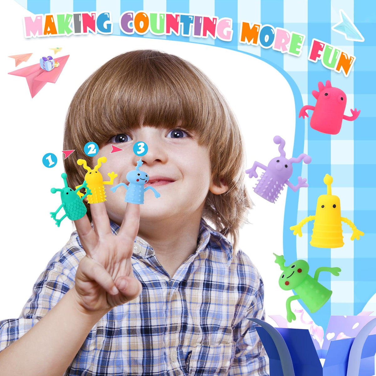 Booson 80 PCS Finger Puppets Toys Cute Monster Finger Puppets | Soft Rubber Stretchy Fidget Doll Toys for Role Playing Birthday Kids Party Favors, 14 Random Styles