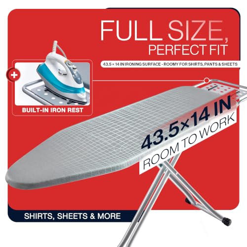 BKTD Full Size Ironing Board, Sturdy Frame, Heat Resistant Cover, Iron Rest | Stable Steel Construction, Wide Ironing Surface, Adjustable Height, Anti-Slip Feet, Foldable Design