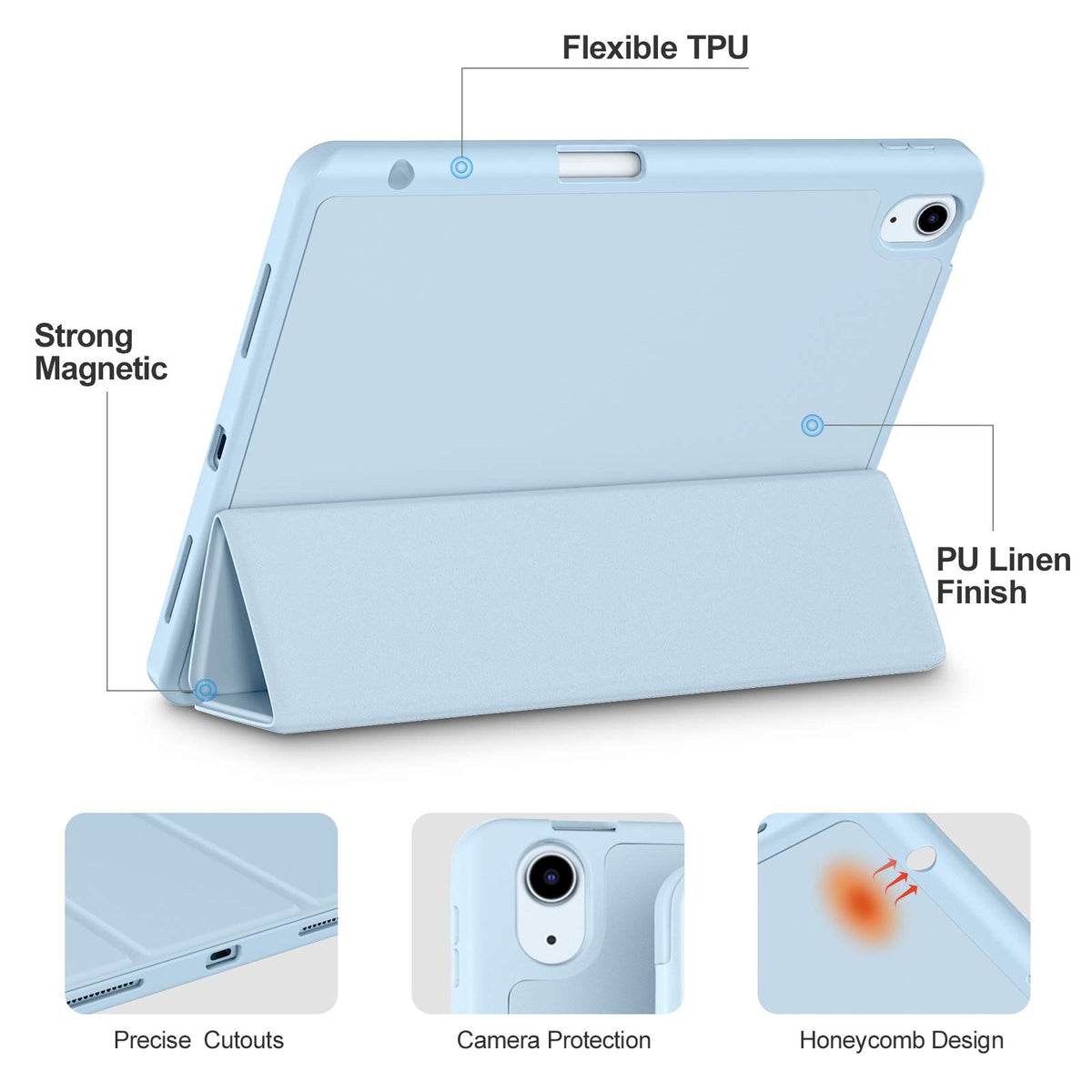 Akkerds for iPad Air 11 Inch Case M4/M3/M2, Air 5th/4th Gen 10.9, Sky Blue | With Pencil Holder, for iPad Air Case 2026/2025/2024/2022/2020, Soft TPU Back, Slim Trifold Stand Cover, Auto Sleep/Wake