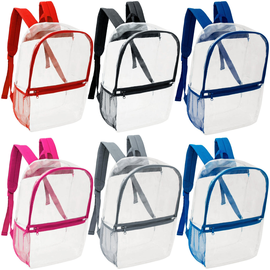 12 Clear 17" Wholesale Backpacks in Assorted Colors & 12 Bulk School Supply Kits of Your Choice
