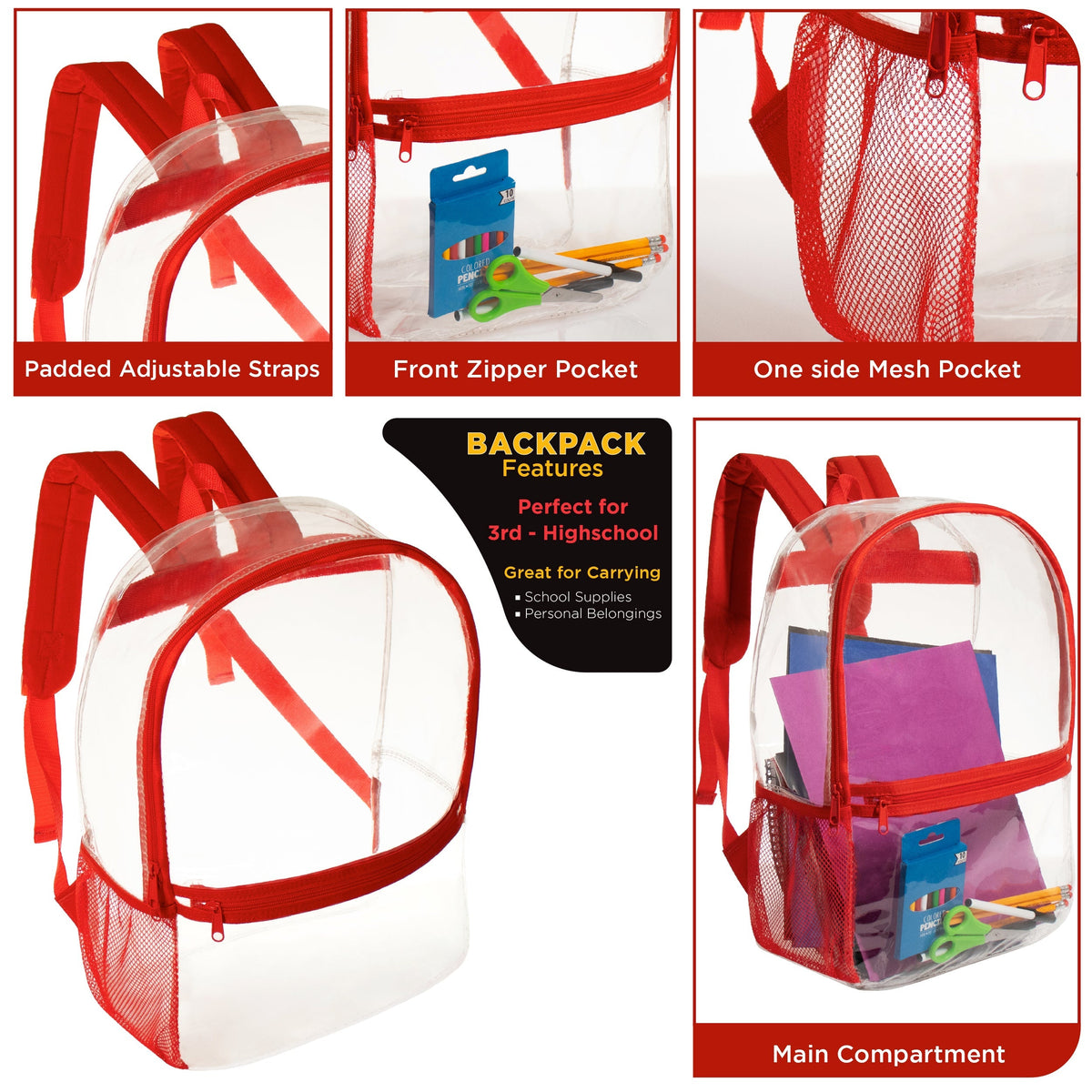 17” Wholesale Clear PVC Backpacks in Assorted Colors – Bulk Case of 24 Backpacks