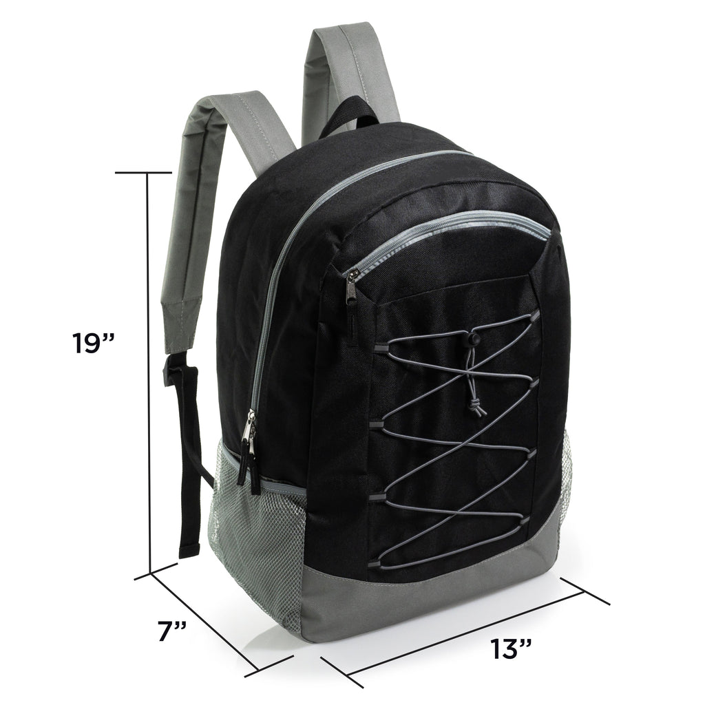 19" Deluxe Wholesale Bungee Backpacks in 6 Colors | Dual Mesh Side Pockets - Bulk Case of 24 Bookbags
