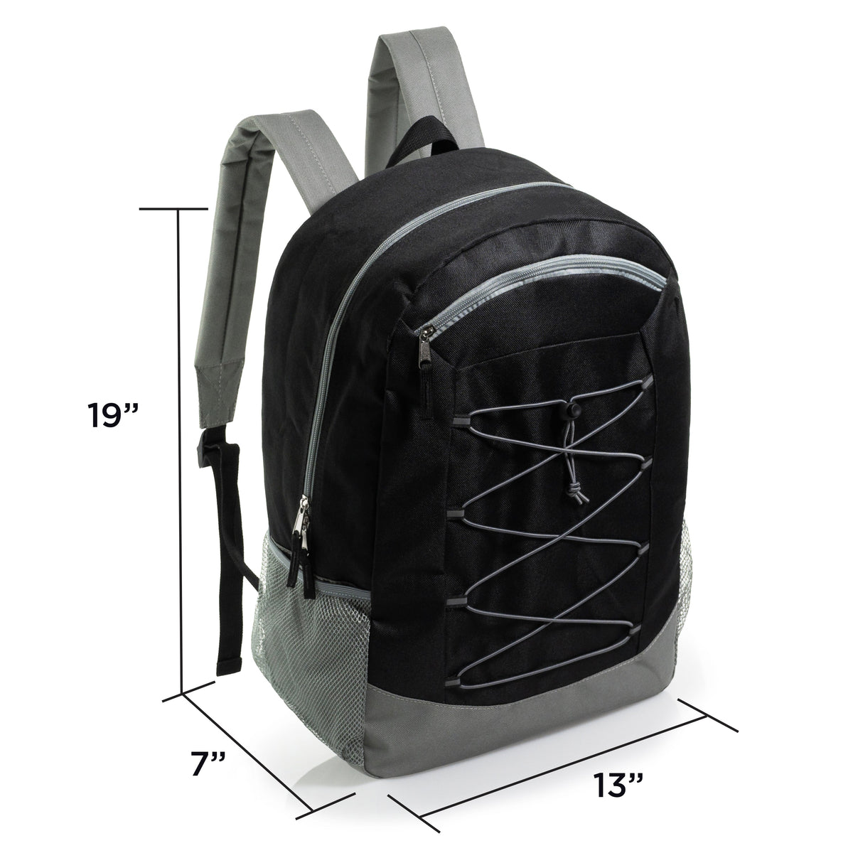 19" Deluxe Wholesale Bungee Backpacks in 6 Colors | Dual Mesh Side Pockets - Bulk Case of 24 Bookbags