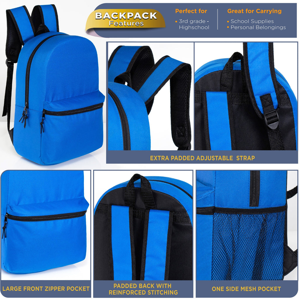 16" Kids Basic Wholesale Backpack in 12 Colors With Side Pocket - Bulk Case of 24 Backpacks