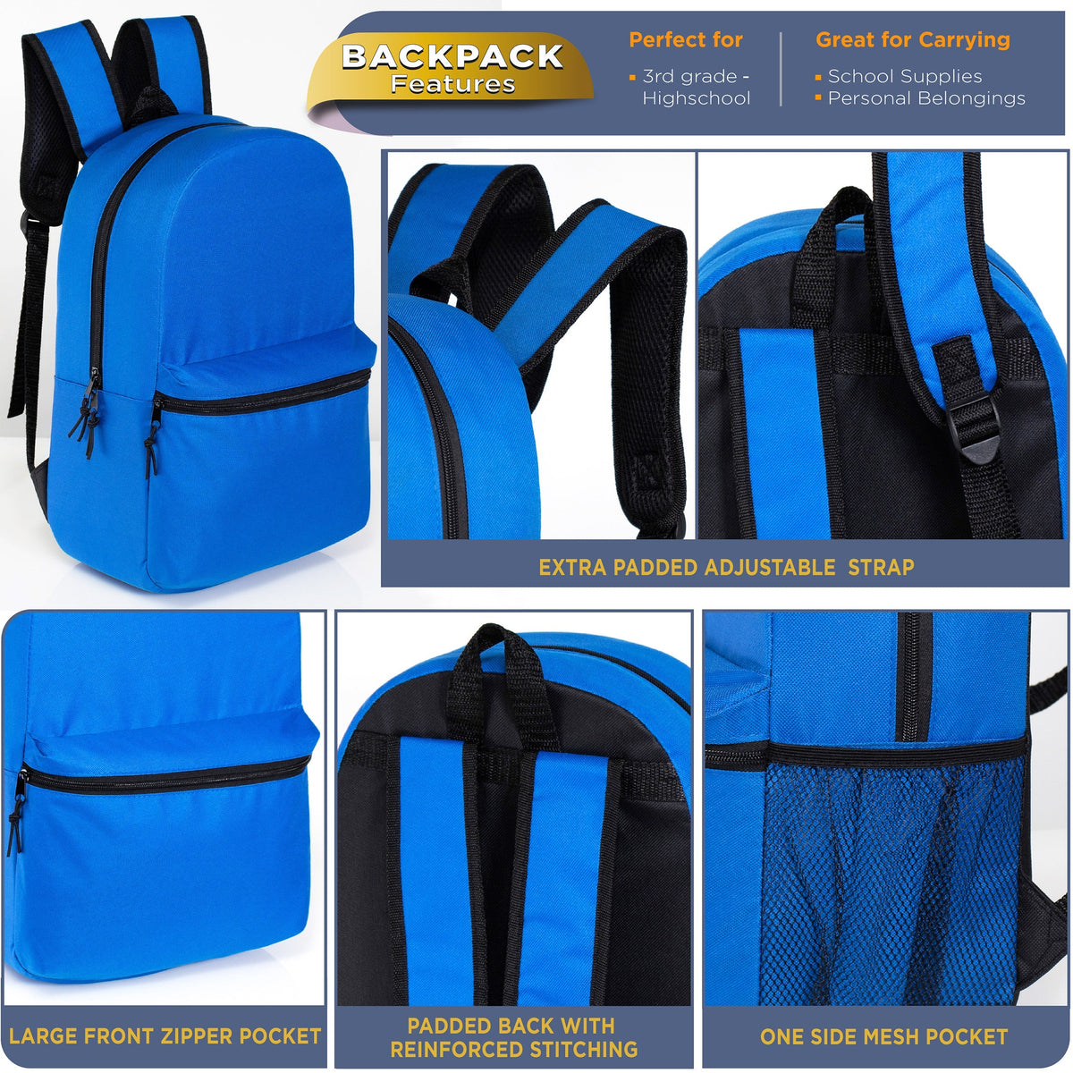 16" Kids Basic Wholesale Backpack in 12 Colors With Side Pocket - Bulk Case of 24 Backpacks