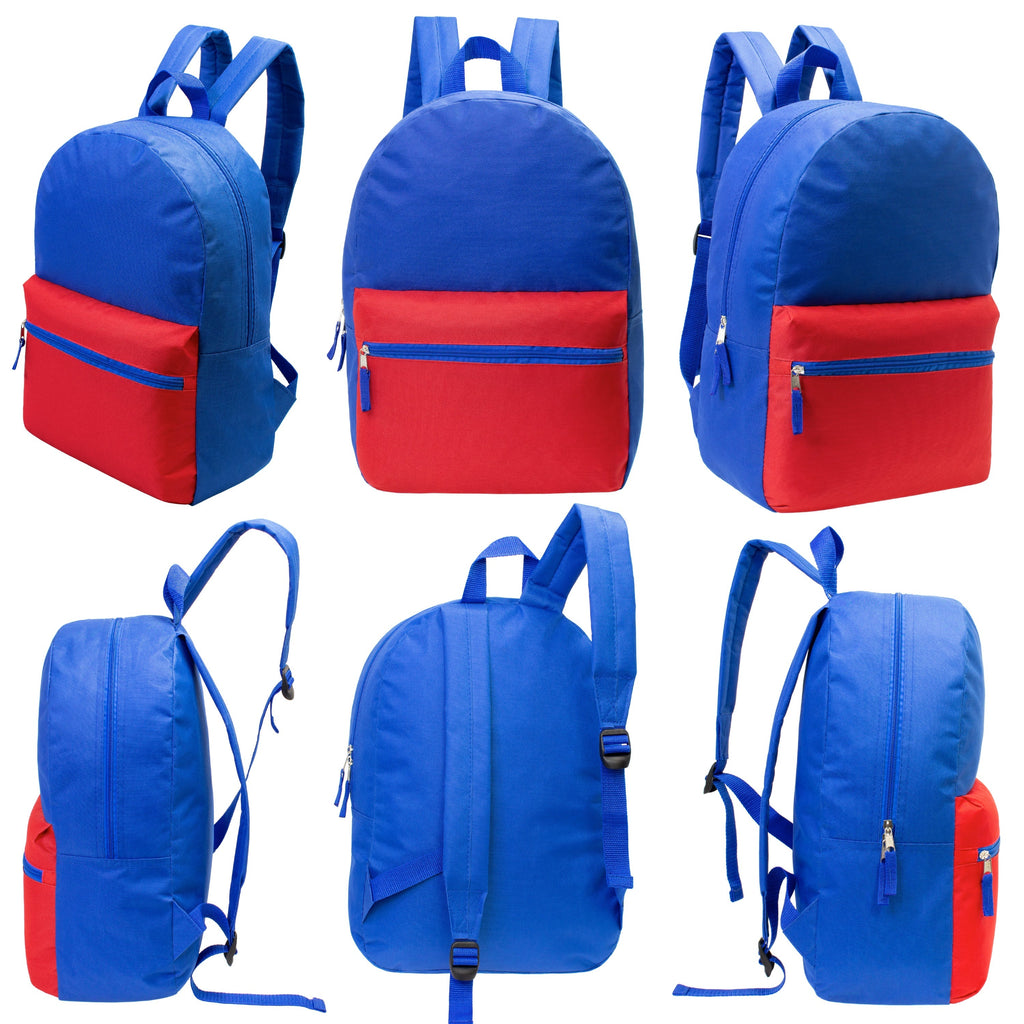 17" Kids Basic Wholesale Backpack in 6 Boy Colors 2 Tone - Bulk Case of 24 Backpacks