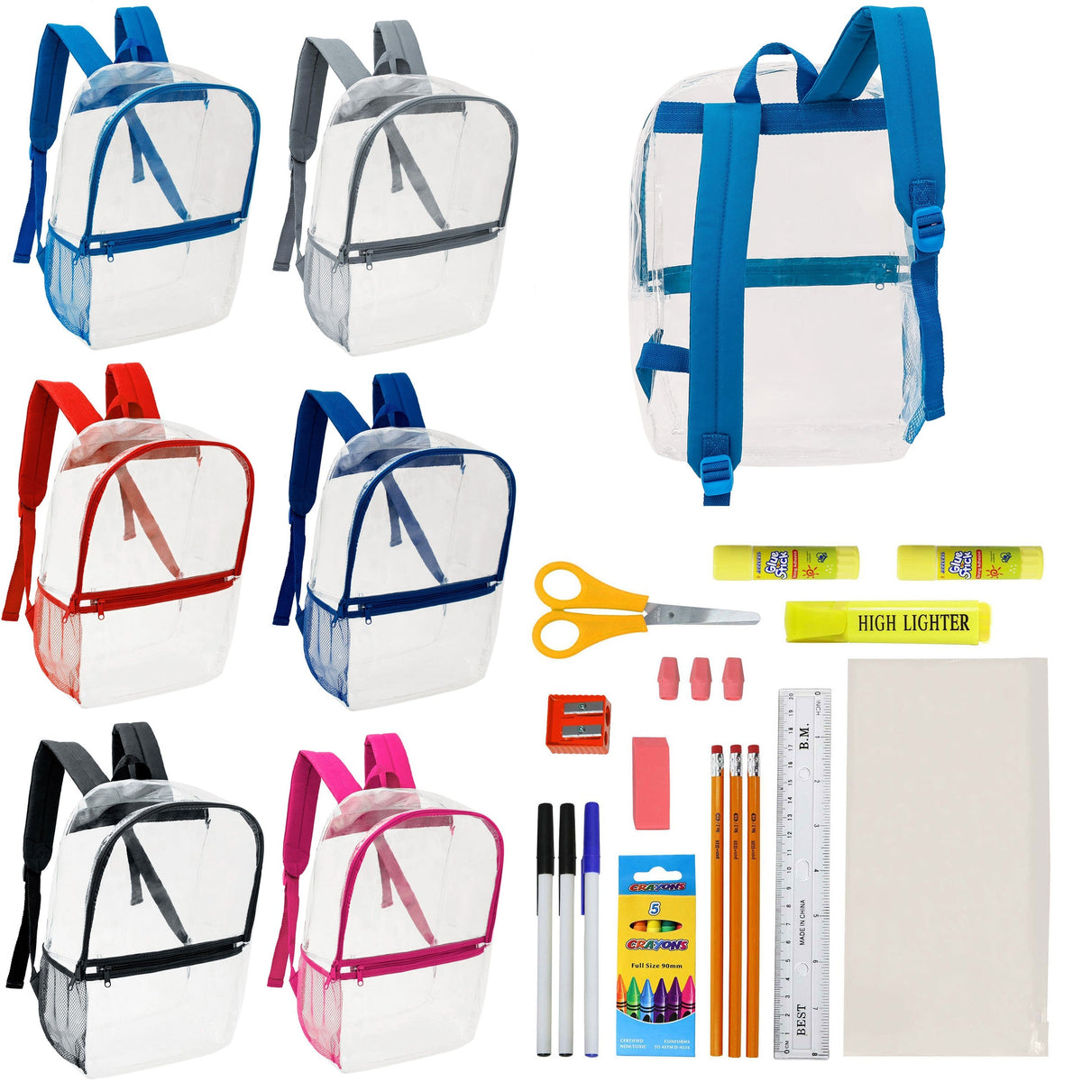12 Clear 17" Wholesale Backpacks in Assorted Colors & 12 Bulk School Supply Kits of Your Choice
