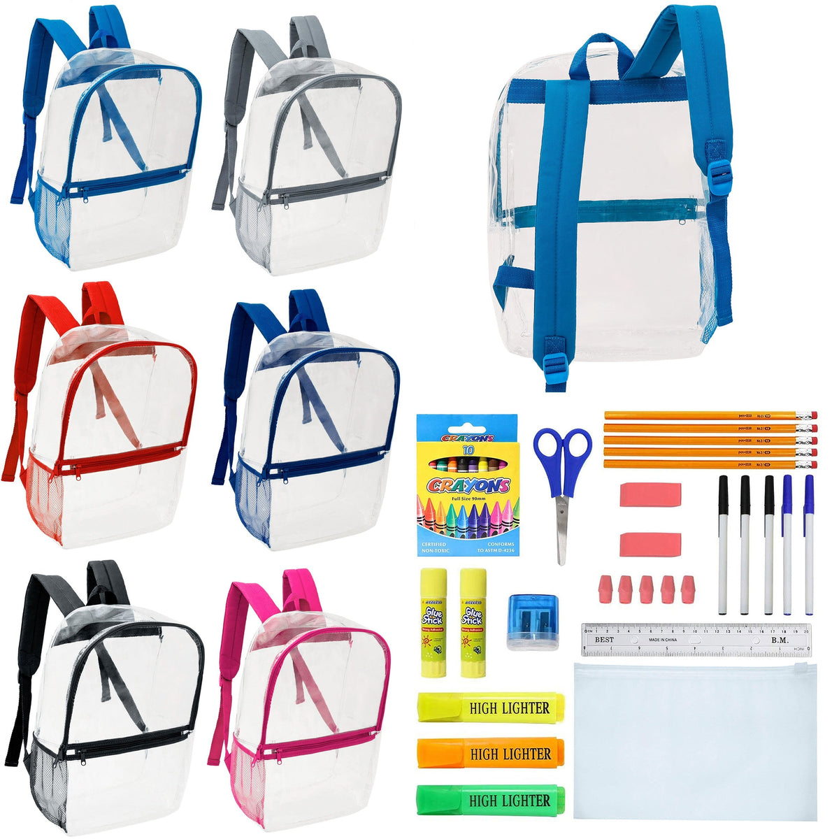 12 Clear 17" Wholesale Backpacks in Assorted Colors & 12 Bulk School Supply Kits of Your Choice