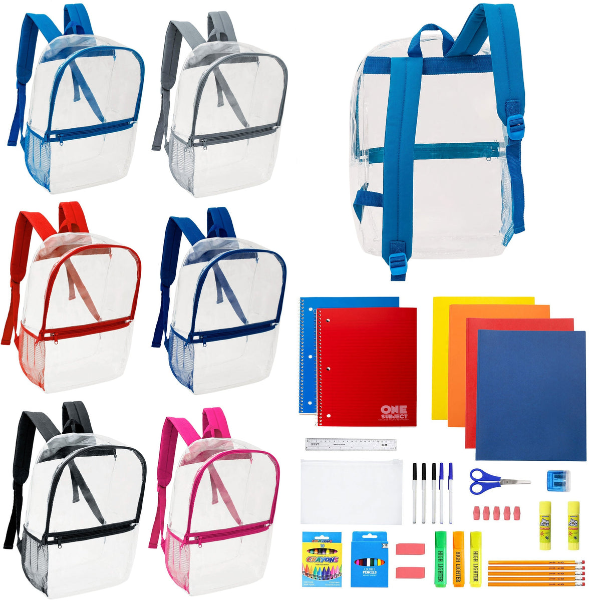 12 Clear 17" Wholesale Backpacks in Assorted Colors & 12 Bulk School Supply Kits of Your Choice