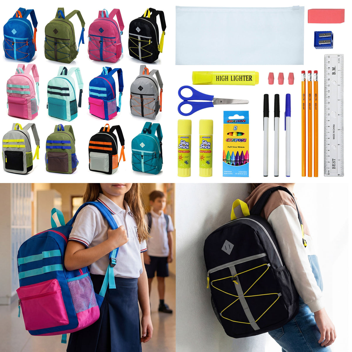 12 Wholesale 17" Backpacks in 12 Assorted Colors and Prints & 12 Bulk School Supply Kits of Your Choice