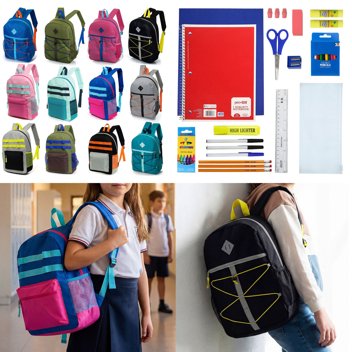 12 Wholesale 17" Backpacks in 12 Assorted Colors and Prints & 12 Bulk School Supply Kits of Your Choice