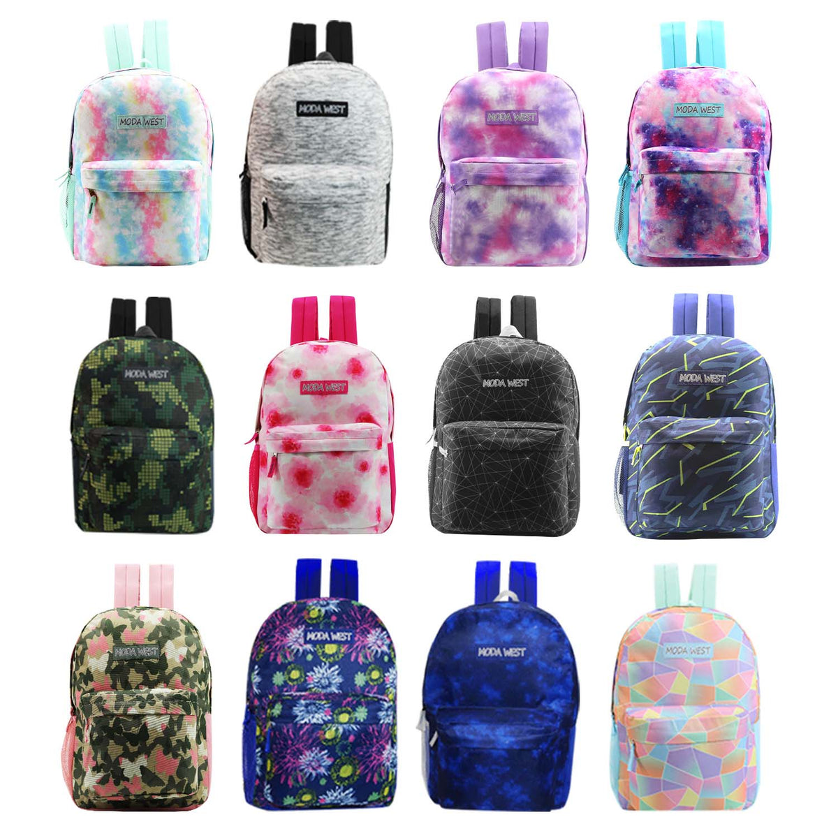 17" Patterned Wholesale Backpack in 12 Assorted Prints - Bulk Case of 24 Bookbags
