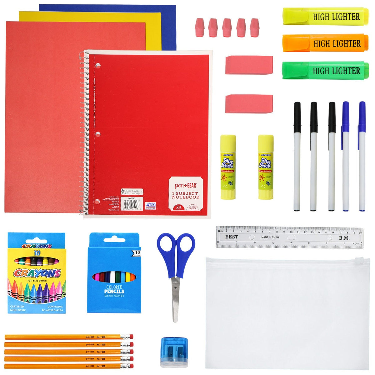 12 Wholesale 17" Backpacks in 12 Assorted Colors and Prints & 12 Bulk School Supply Kits of Your Choice