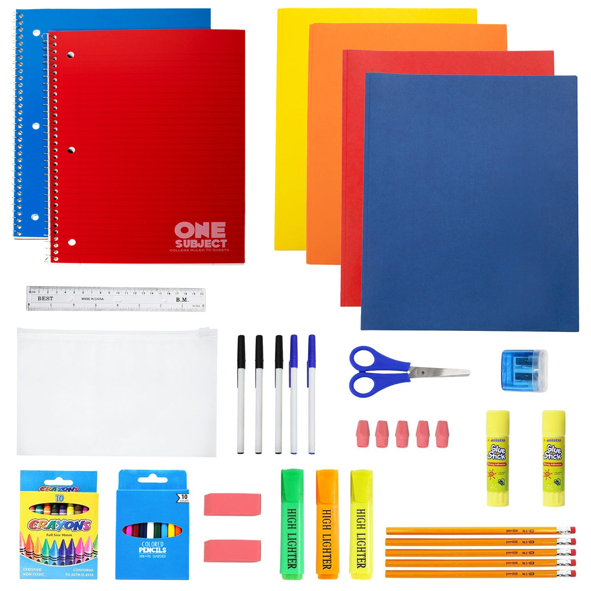 12 Wholesale 17" Bungee Backpack in 12 Colors & 12 Bulk School Supply Kits of Your Choice