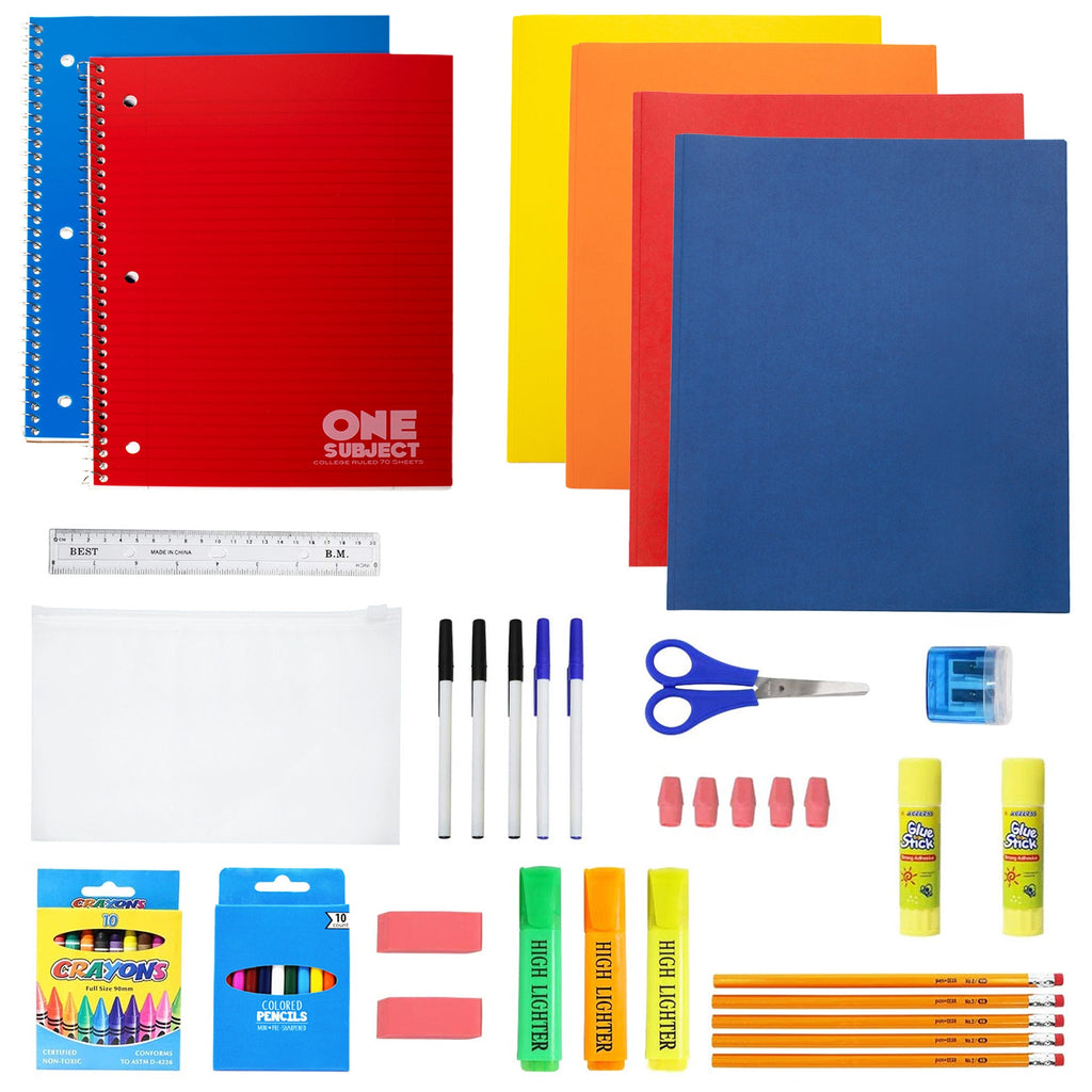 12 Wholesale 17" Backpacks in 12 Assorted Colors and Prints & 12 Bulk School Supply Kits of Your Choice