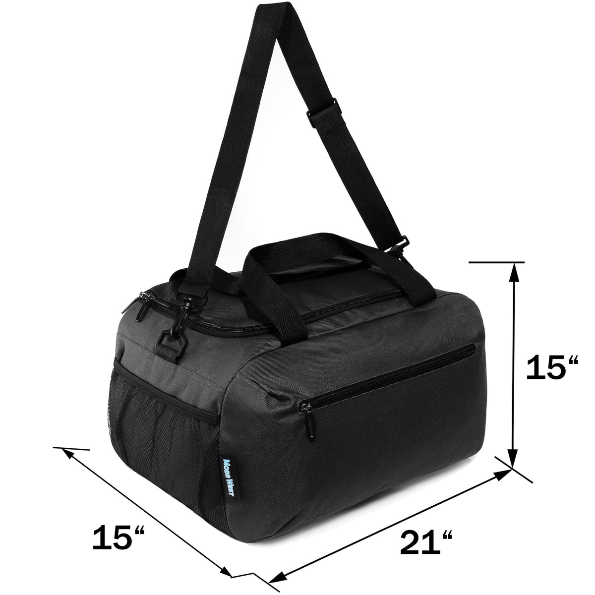 21" Black Wholesale Duffle Bag with 2 Storage Areas & Mesh Side Pockets  - Bulk Case of 12