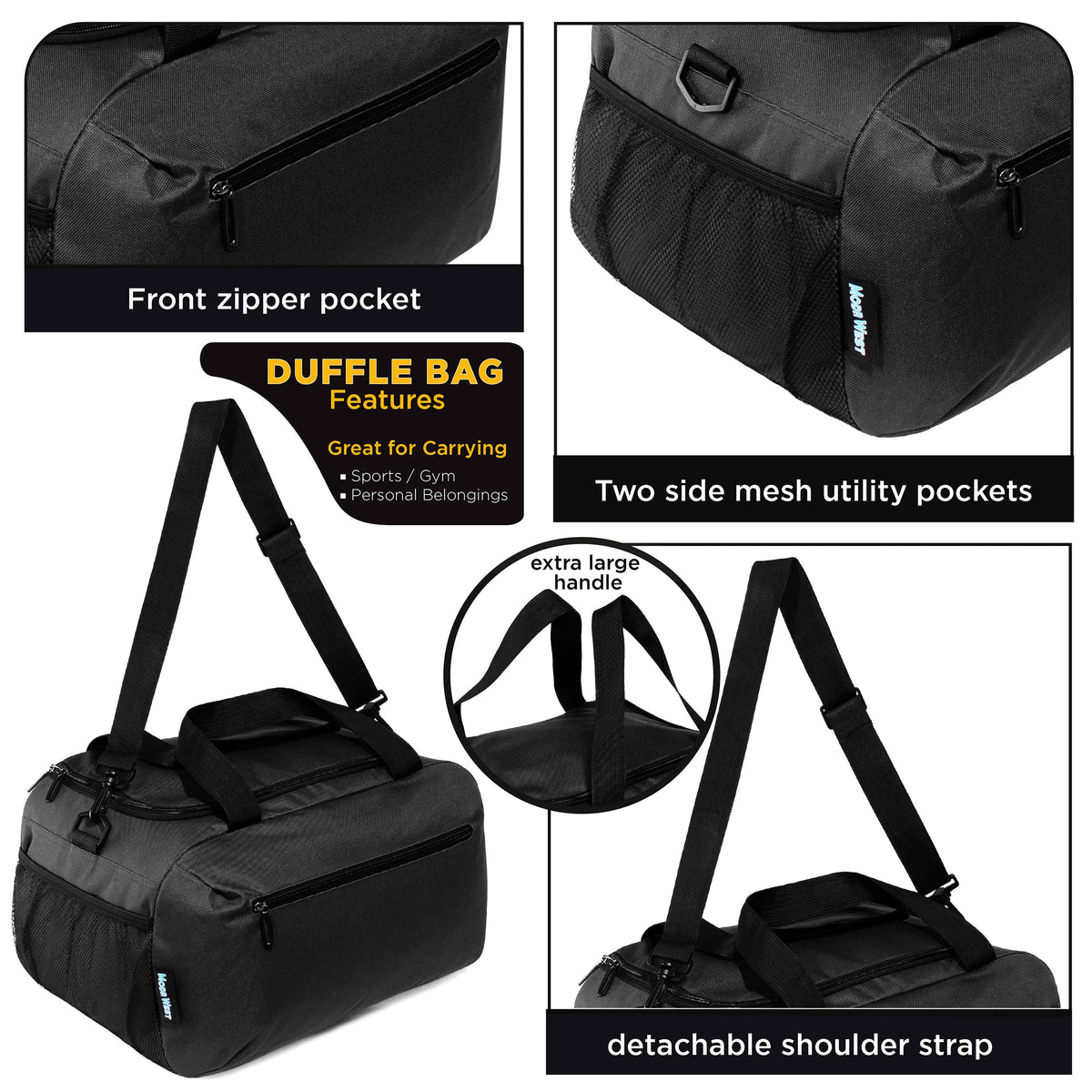 21" Black Wholesale Duffle Bag with 2 Storage Areas & Mesh Side Pockets  - Bulk Case of 12