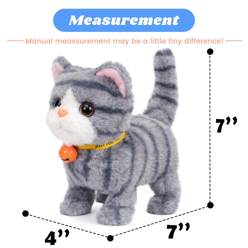 Hopearl Walking Gray Tabby Cat Interactive Electronic Pet Plush Kitty Toy with Sounds and Movements Animated Meow Shake Head Wiggle Tail Gifts for Toddlers Birthday, Gray, 7''