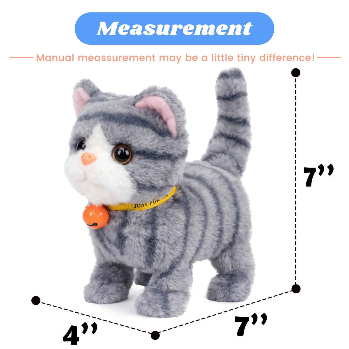 Hopearl Walking Gray Tabby Cat Interactive Electronic Pet Plush Kitty Toy with Sounds and Movements Animated Meow Shake Head Wiggle Tail Gifts for Toddlers Birthday, Gray, 7''