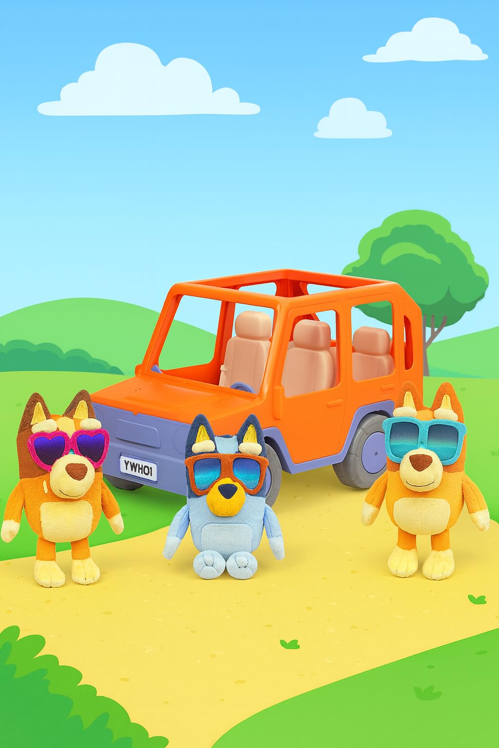 Bluey Big Heeler 4WD Toy Car, Bingo & Chilli Plush Buddies | Mega-sized car with opening hood storage & sticker sheet; Bluey toys for kids ages 3+, Amazon Exclusive