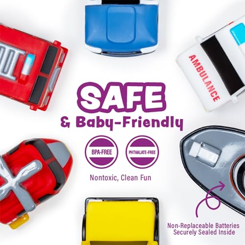 Tub Works® Emergency™ Cars Light Up Bath Toys, 6 Pack | Water-Activated Light Up Toys Flash & Change Colour | Soft, Squeezable Baby & Toddler Bath Toys | Sensory Toys with Bath Lights for Kids Bath