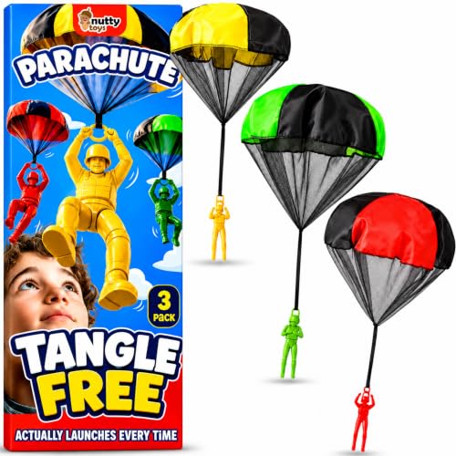NUTTY TOYS Parachute Toys for Kids - Tangle Free Outdoor Flying Parachute Men, Top Indoor & Outside, 3 4 5 6 7 8 9 10 11 12 Year Old, Best Christmas Stocking Stuffers Idea 2026 Unique Boy & Girl Gifts