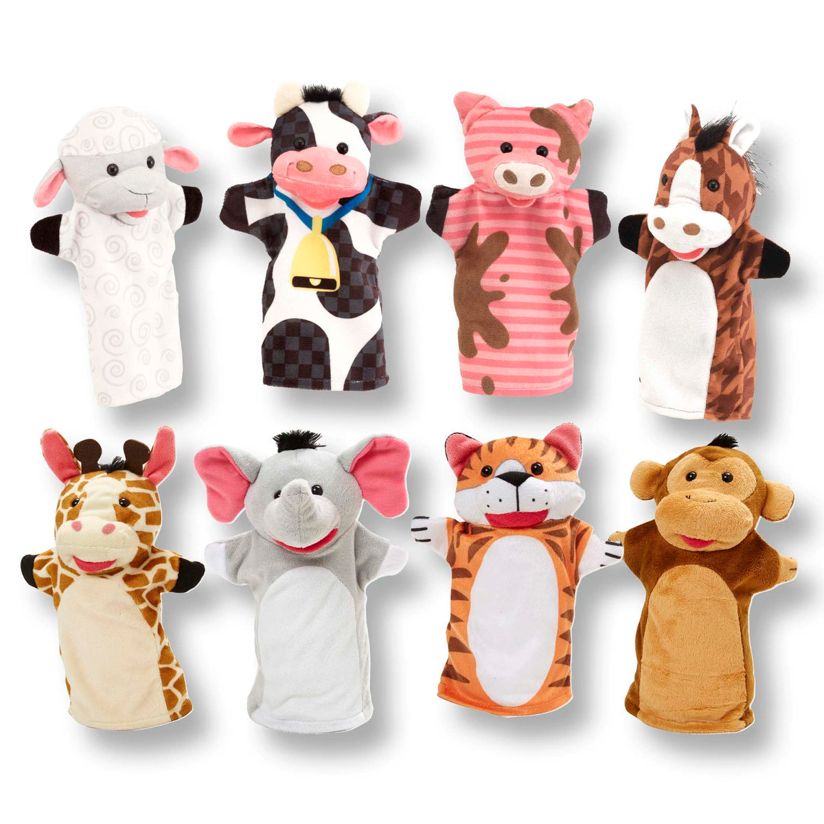Melissa & Doug Animal Hand Puppets 2-Pack 8-Piece Pretend Play Set | 8 Piece Hand Puppet Set, 4 Farm Animals, 4 Zoo Animals, Washable Fabric, Storytelling Play, Toddler Toys for Kids, Ages 2+