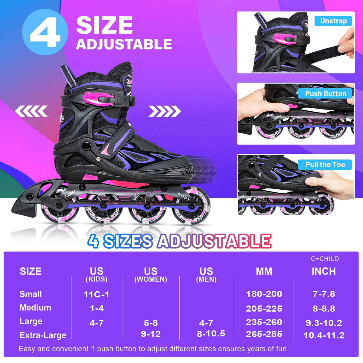 2PM SPORTS Adjustable Inline Skates for Kids, Youth and Adults | Reinforced aluminum frame; lateral support; beginner friendly; triple closure; light-up wheels; 2 non-woven bags